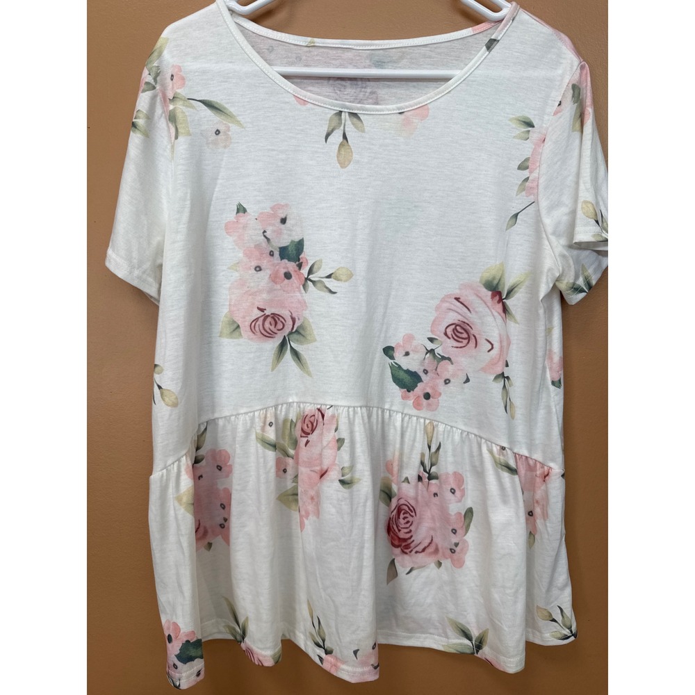 Hibluco Womens XL Pink Floral Peplum Top Short Sleeve Rose Print Babydoll Shirt